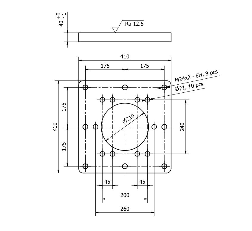 FASTENING PLATE, For Cranes, 40x410x410mm, Weldable - not painted